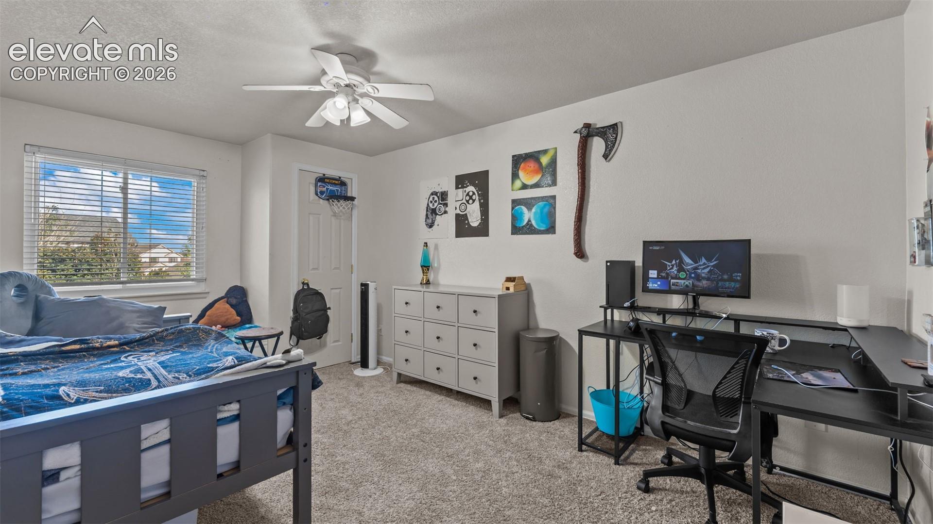 Carpeted flooring, white walls, window with horizontal blinds, built-in ceiling fan, and a white door with a basketball hoop