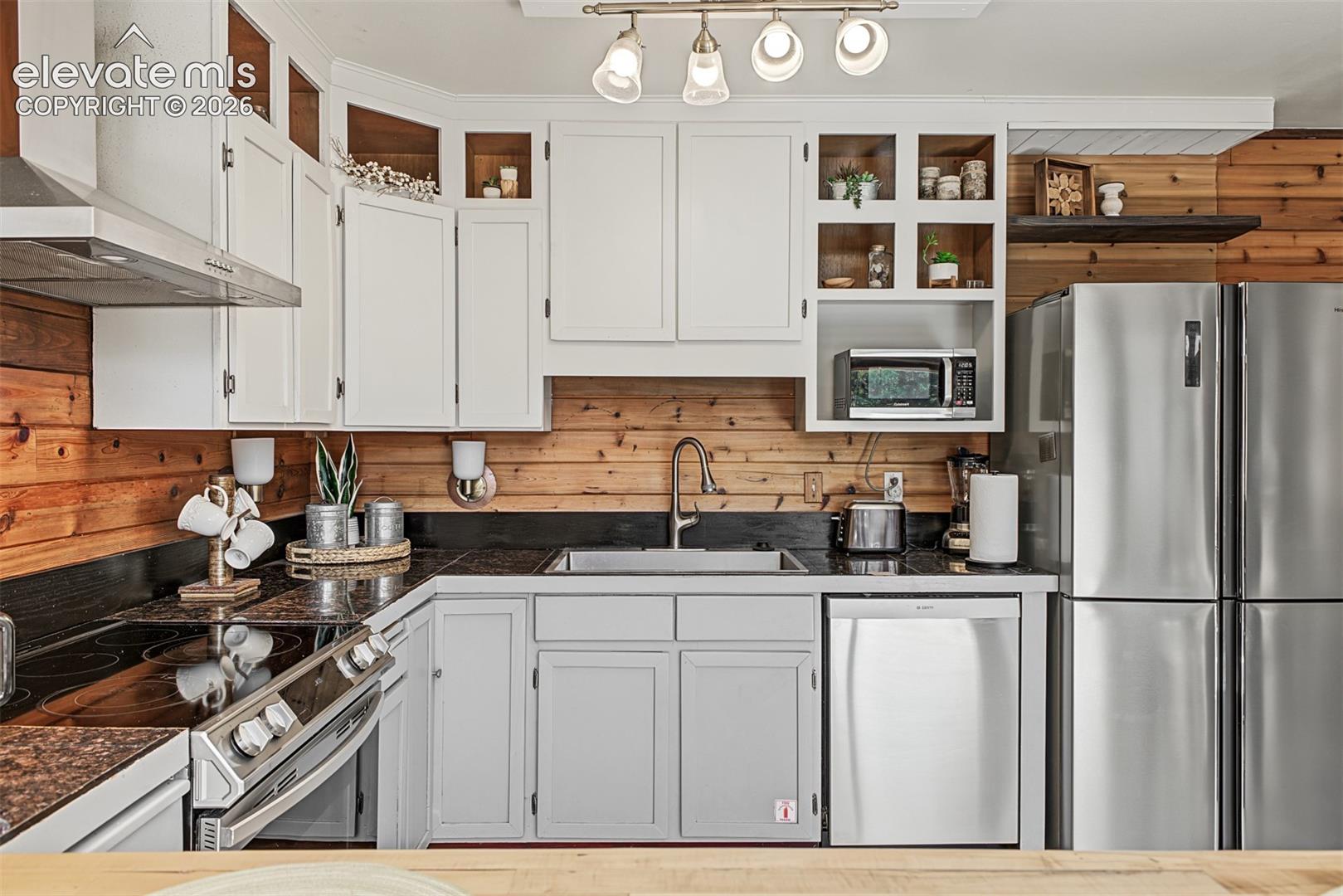Kitchen featuring white cabinetry, wood-paneled walls, stainless steel appliances, dark countertops, and a track lighting fixture
