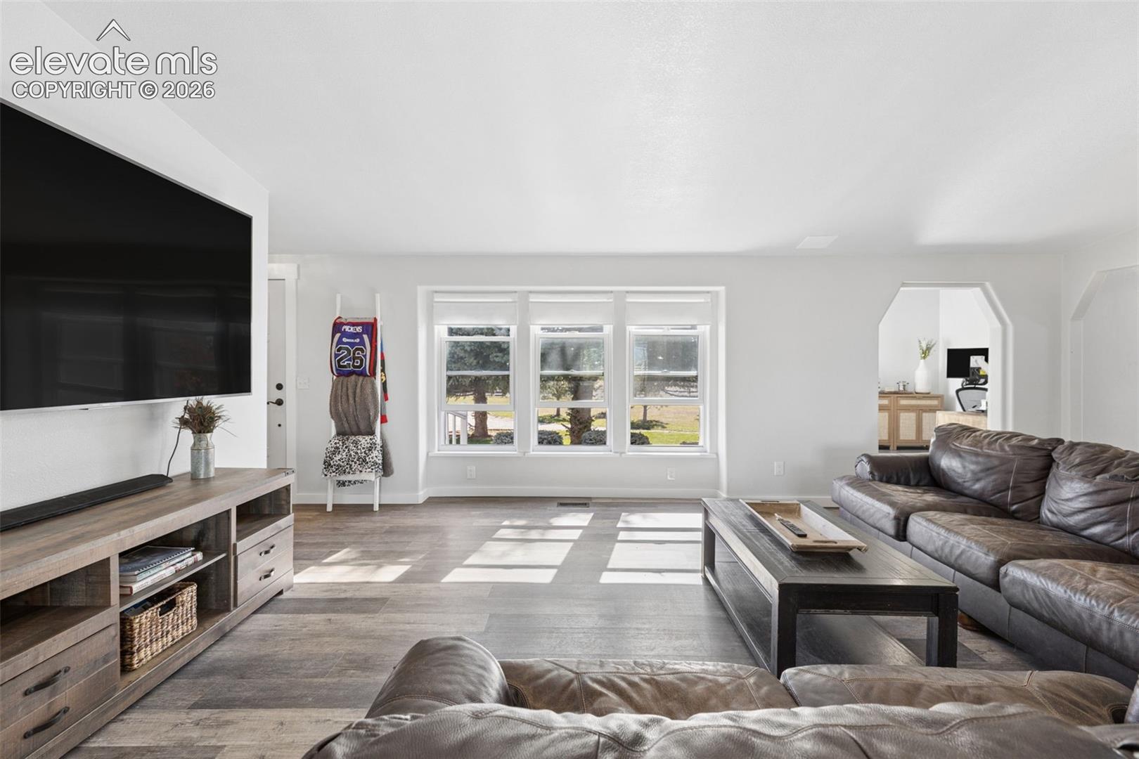 Living area featuring wood-finish flooring, a triple-pane window configuration, and a distinctive arched architectural opening