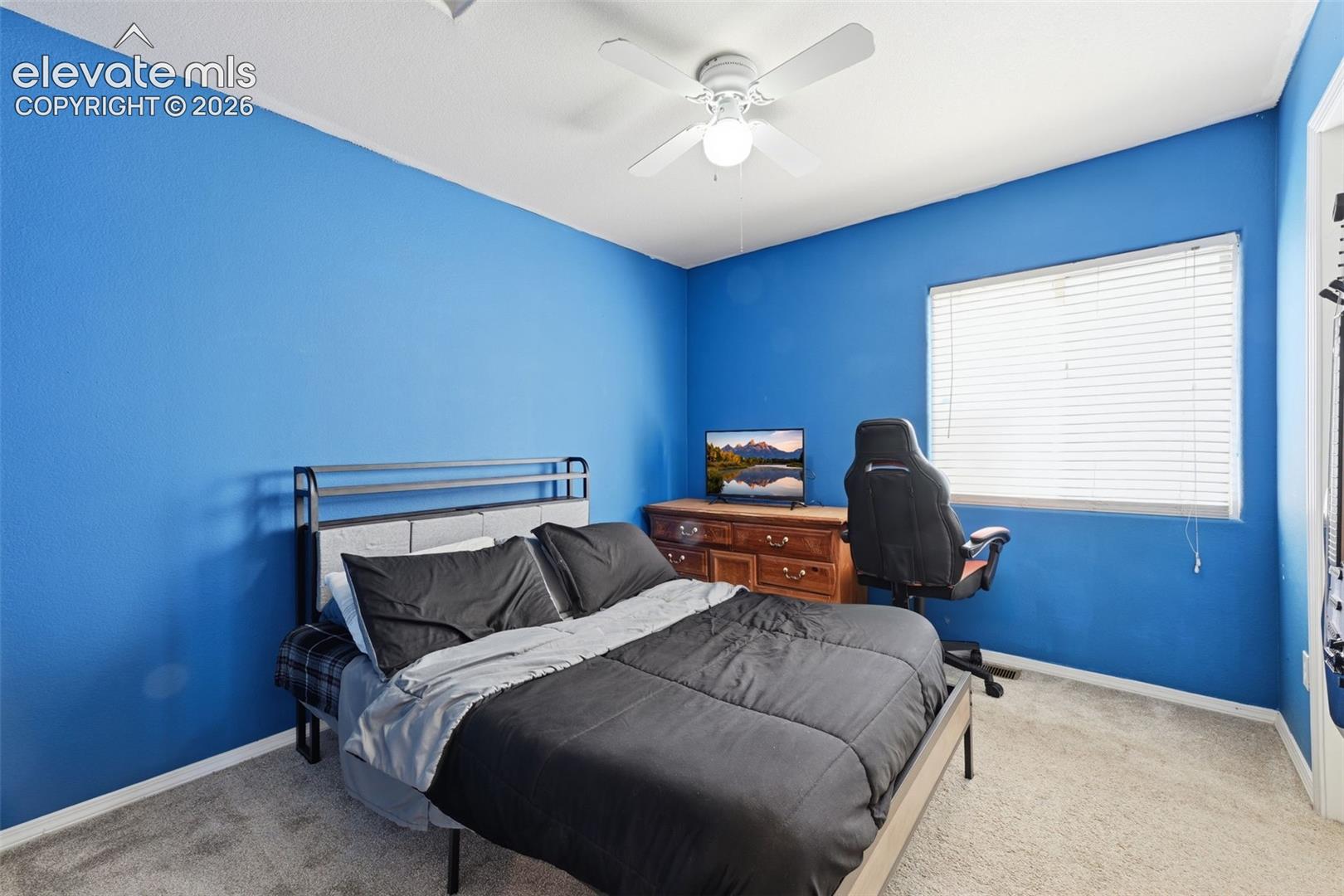 Carpeted room featuring a ceiling fan with integrated lighting, a window with horizontal blinds, and a built-in closet with bifold doors