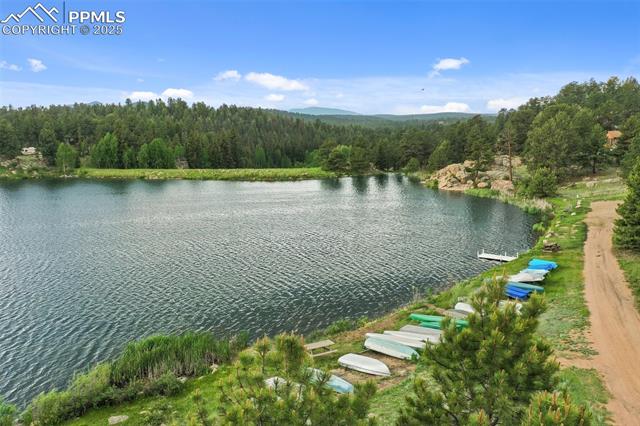 Water view featuring a heavily wooded area
