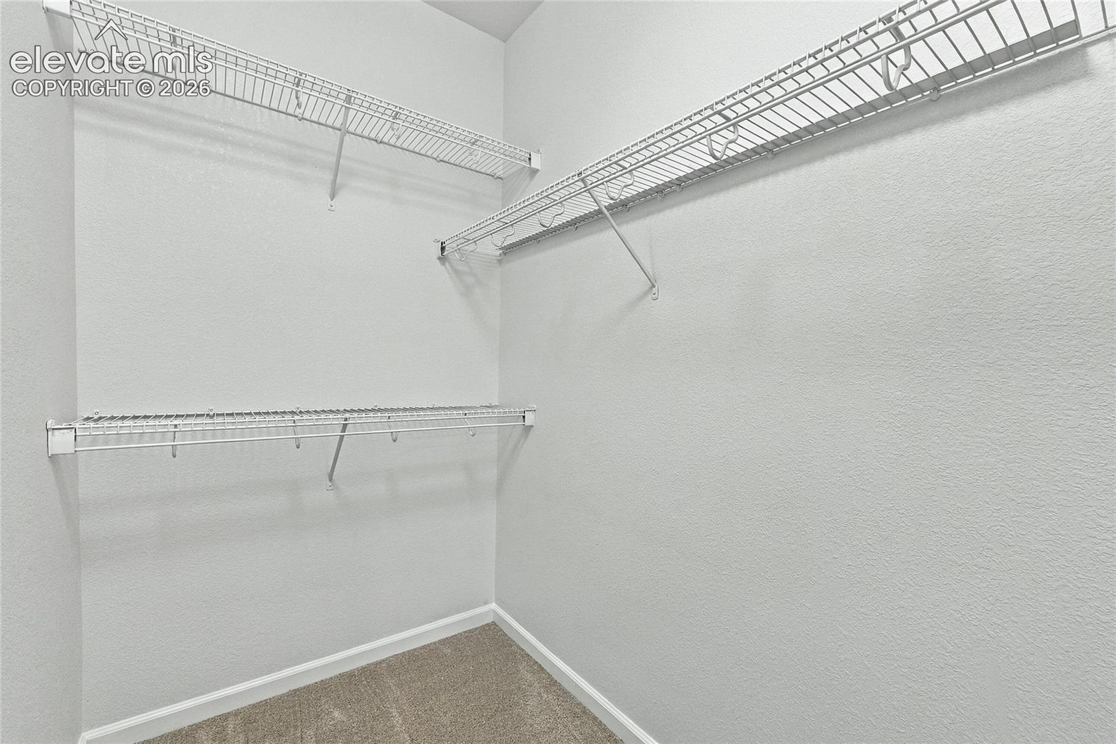 Storage area featuring white wall-mounted wire shelving and neutral carpeting