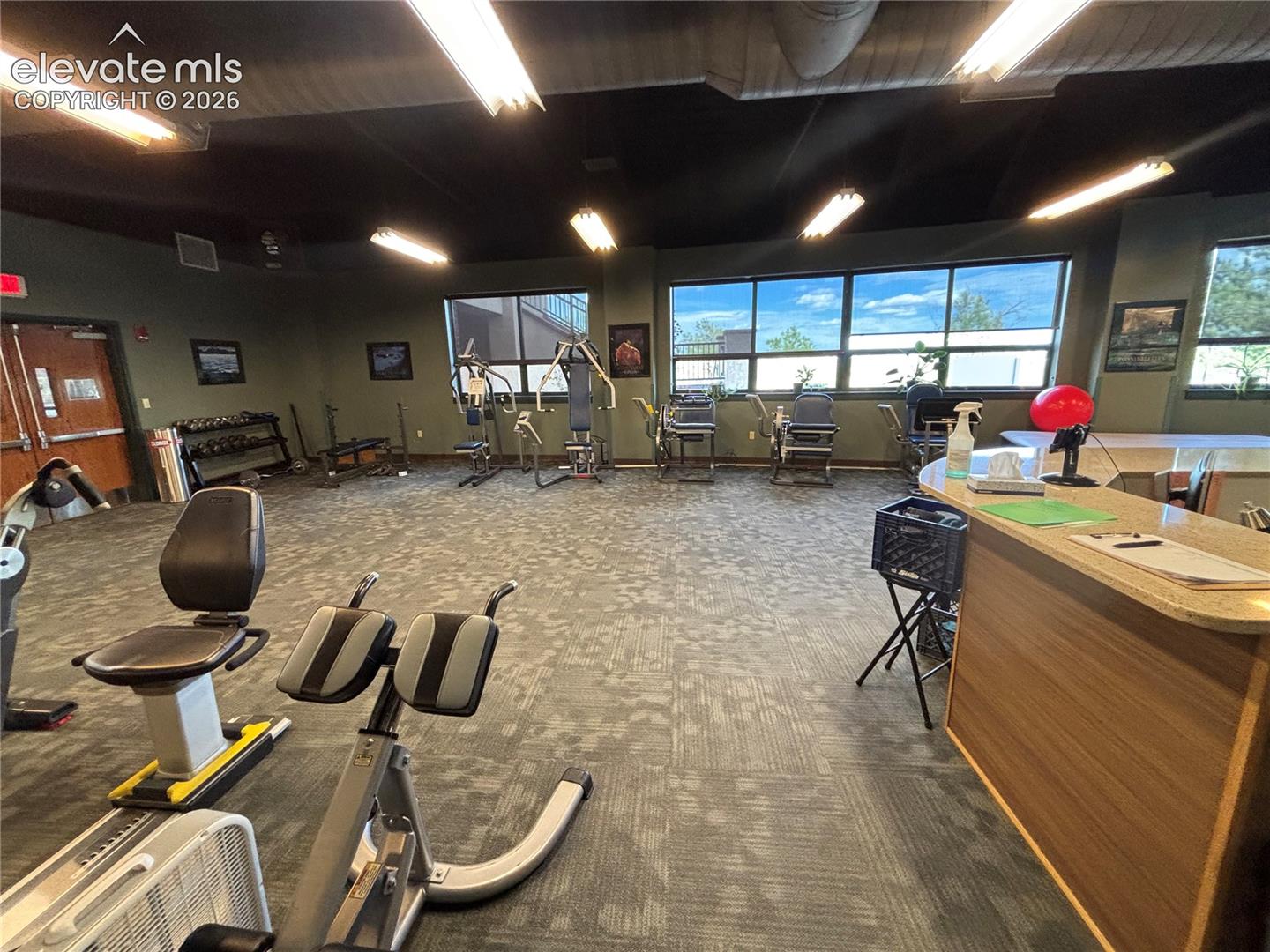 Spacious room featuring broad windows, commercial-grade carpet, overhead fluorescent lighting, and a wood-finish reception counter with a curved stone-look top