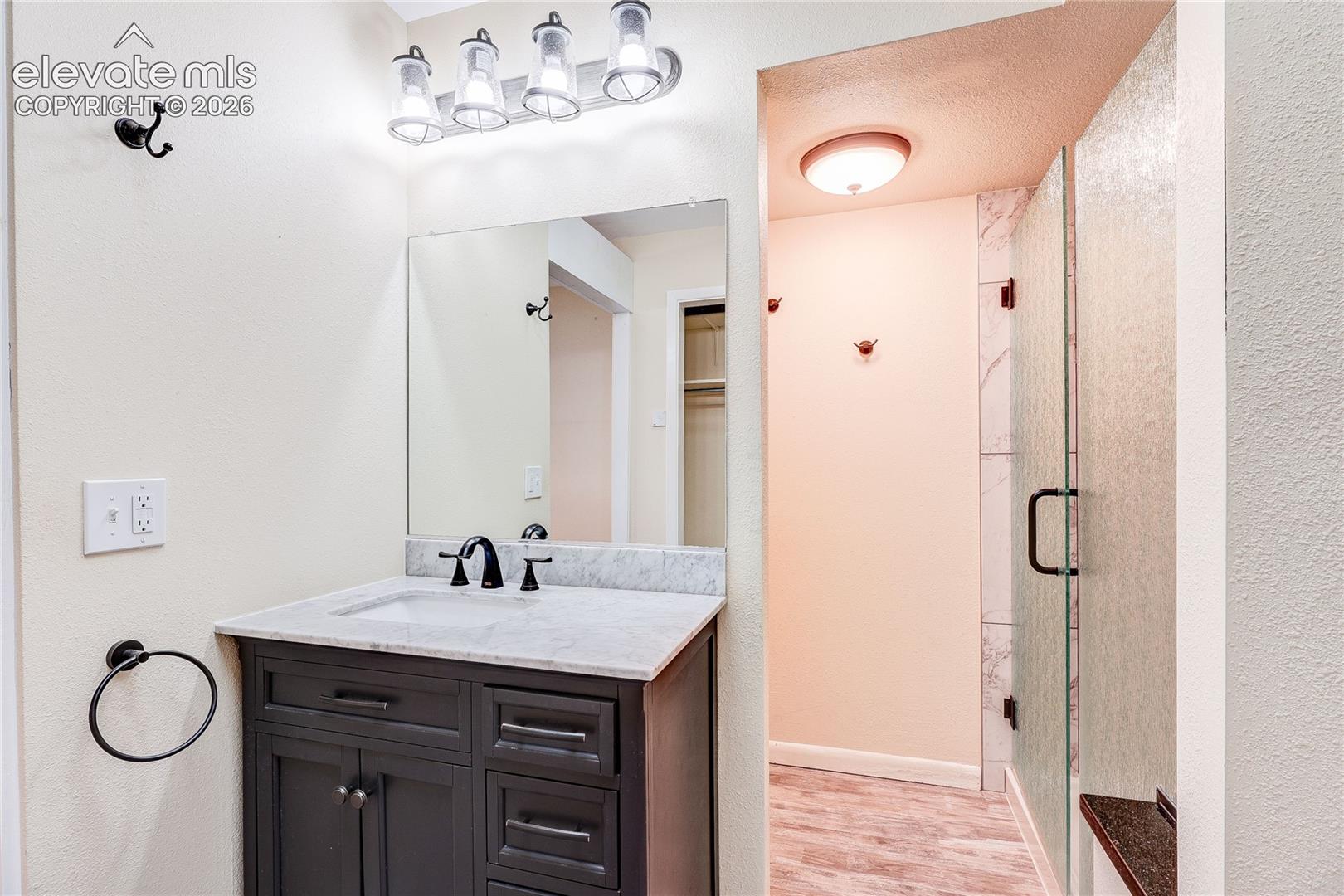 Dark-toned cabinetry featuring a stone countertop, integrated undermount sink, multi-bulb vanity lighting, and a glass-enclosed shower with tiled wall surrounds