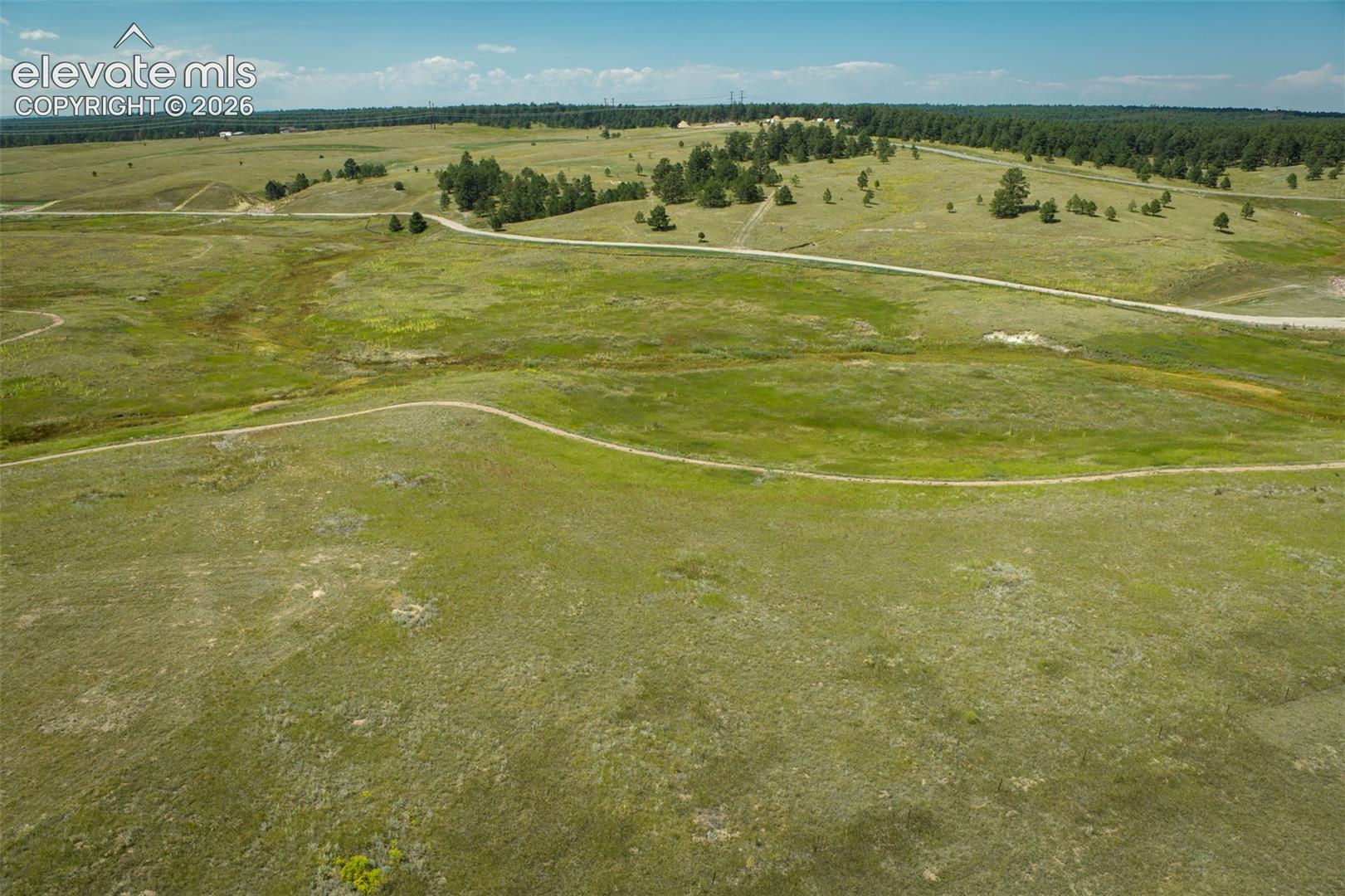 Expansive acreage featuring rolling topography, open grassy meadows, scattered clusters of mature trees, and unpaved winding trails