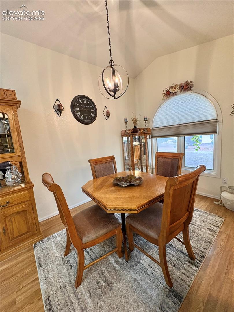 Vaulted ceiling with an orb chandelier, hardwood-finish flooring, and arched window