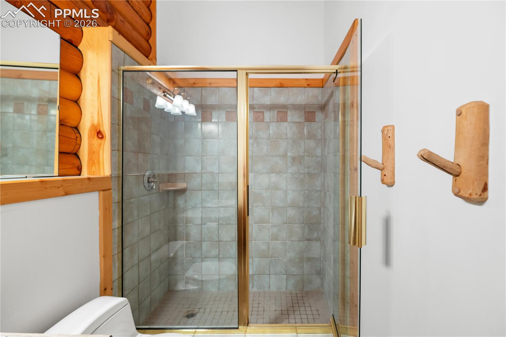 Bathroom featuring toilet and a shower stall