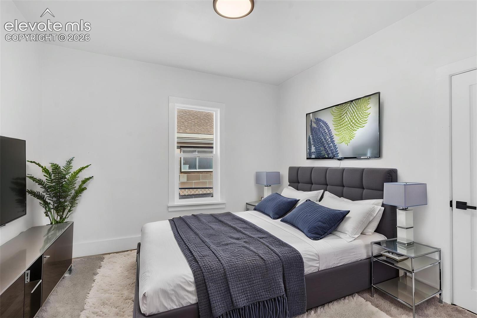 Neutral wall finishes, double-pane window with white casing, and flat-panel interior door with matte black hardware