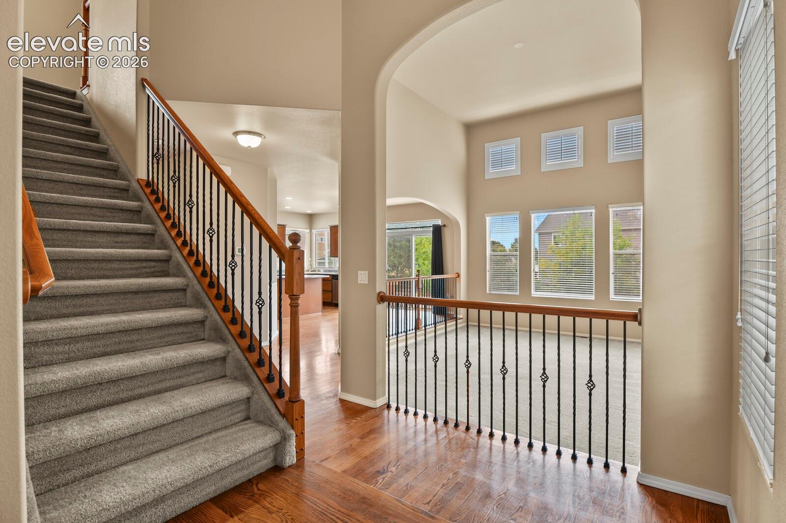 Hardwood-finish flooring, carpeted staircase, wrought iron balusters, wood handrails, and upper-level windows