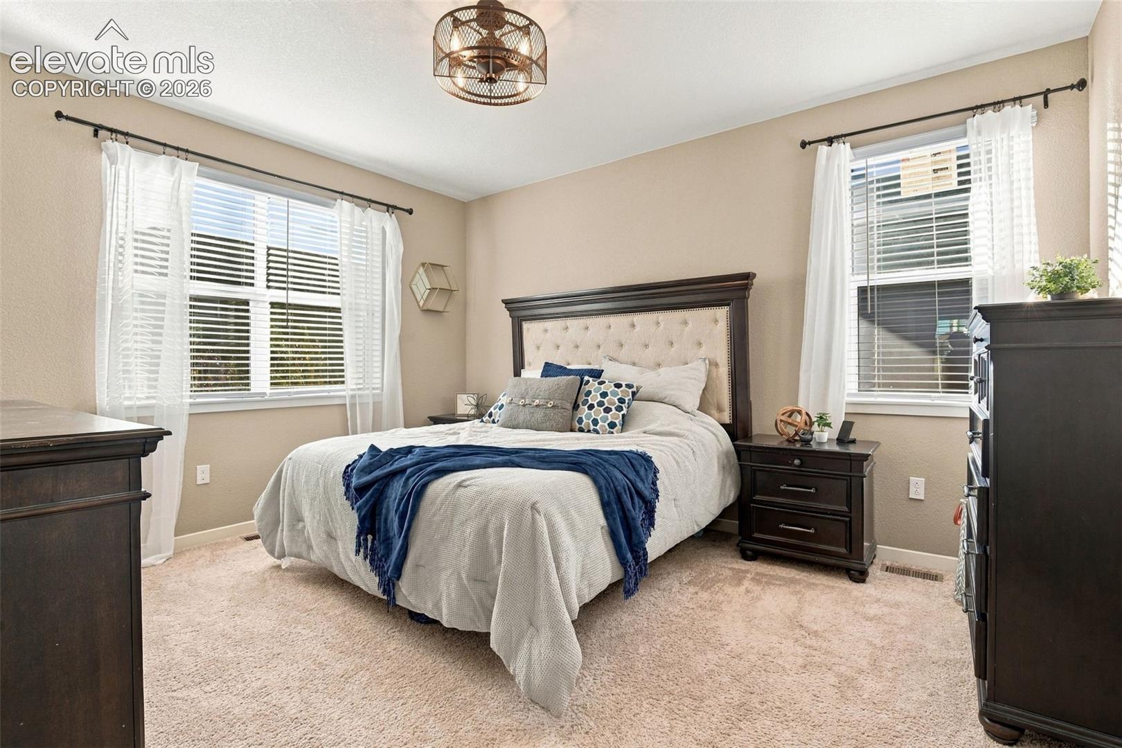 Bedroom featuring neutral-toned wall paint, carpeted flooring, two dual-pane windows, and a metal drum-style ceiling light fixture