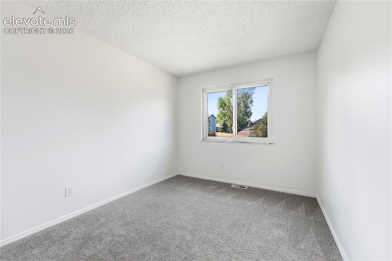 Light grey carpeting, white wall paint, and a window with white trim