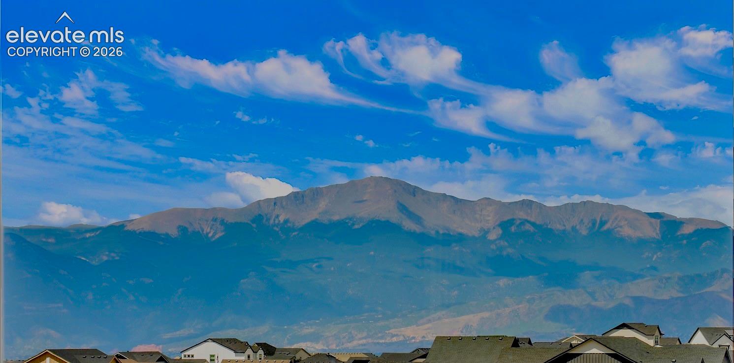 Spectacular Pikes Peak Mountain backdrop with a clear blue sky