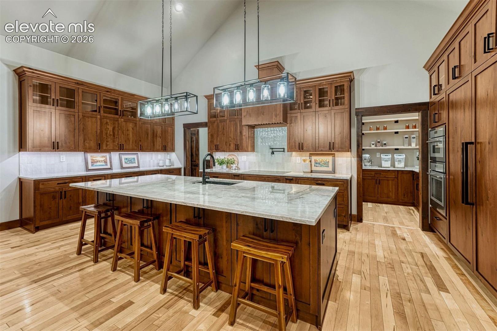 Chef's kitchen with Quartzite counters and custom cabinetry