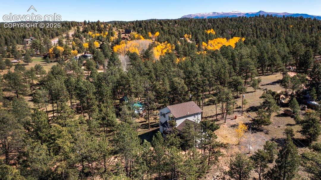 Multi-level residence situated within a dense forest of mature evergreen and deciduous trees, featuring an asphalt shingle roof and a backdrop of distant mountain peaks