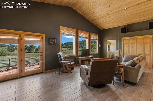 18" walls, earth tone walls, ceramic tile and views out every window. 