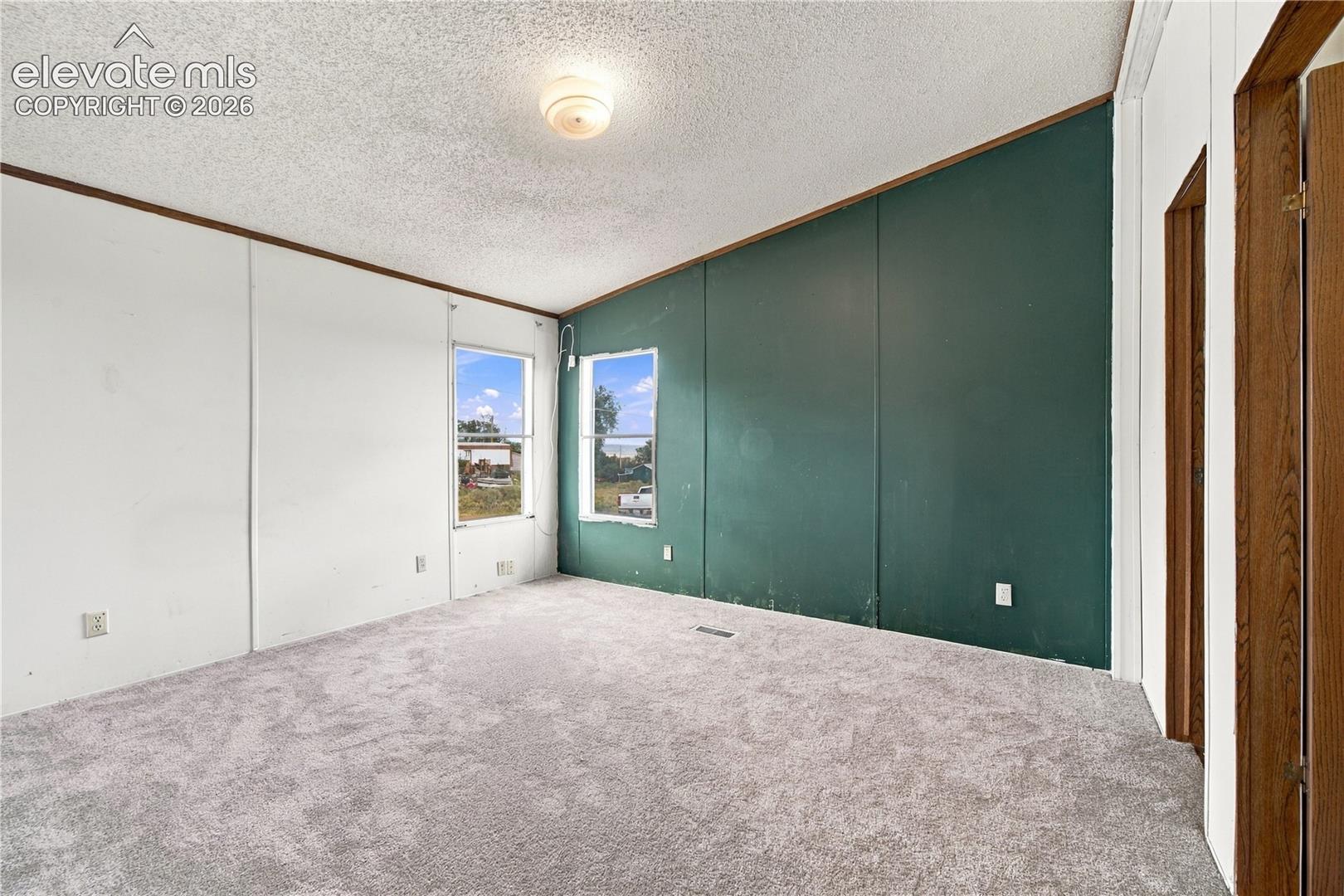 Plush carpet flooring, a vaulted ceiling, and two windows providing natural illumination