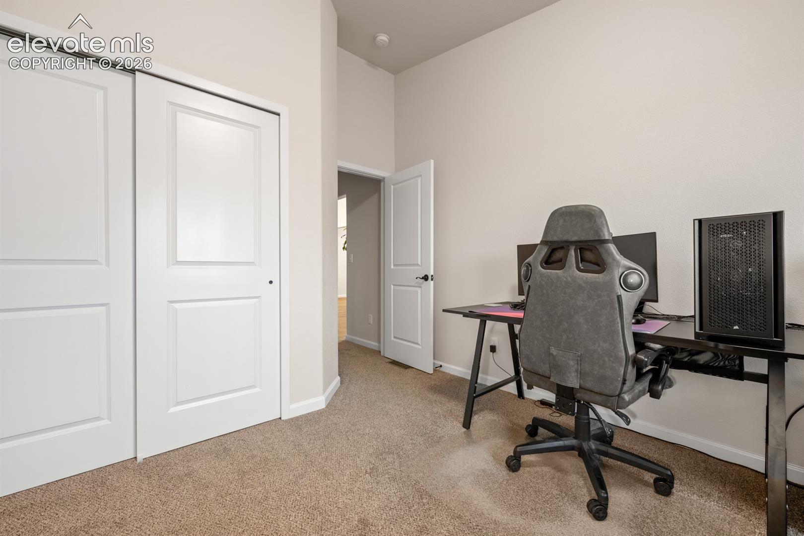 Neutral-toned interior featuring wall-to-wall carpeting, two-panel interior doors, and a double-door reach-in closet