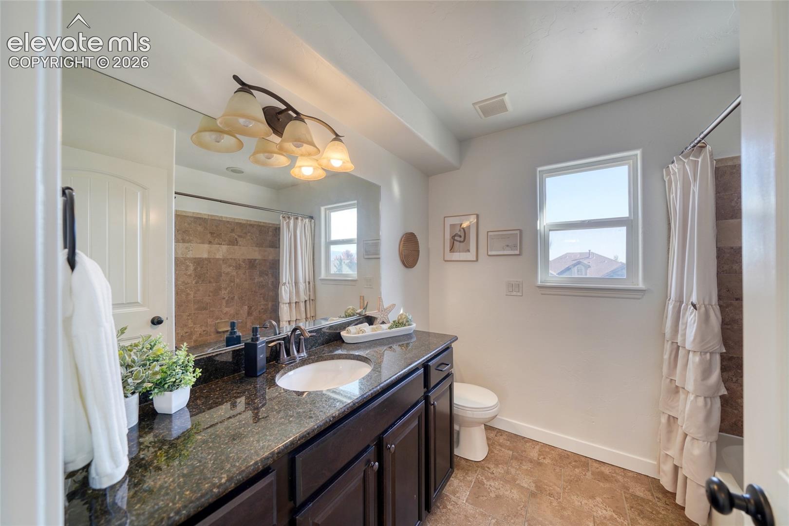 Vanity with a dark countertop and undermount sink, dark wood-finish cabinetry, and a multi-bulb light fixture