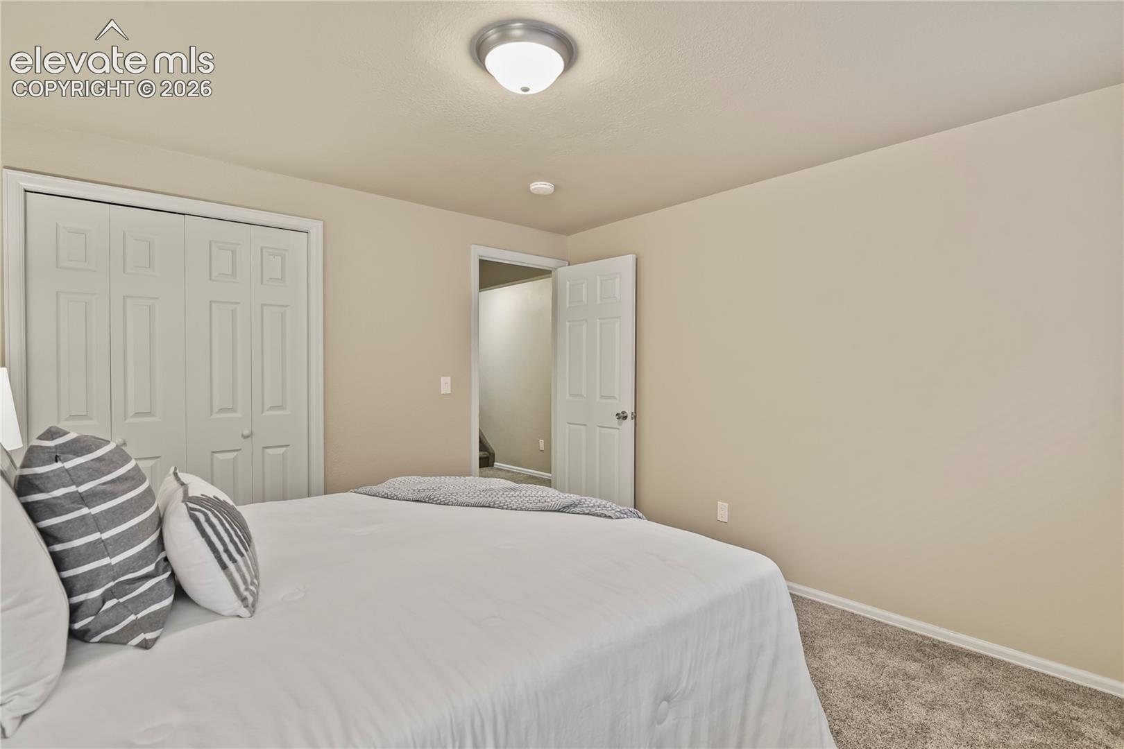 Neutral-toned interior featuring wall-to-wall carpeting, bi-fold closet doors, a white six-panel door, and a flush-mount ceiling light fixture