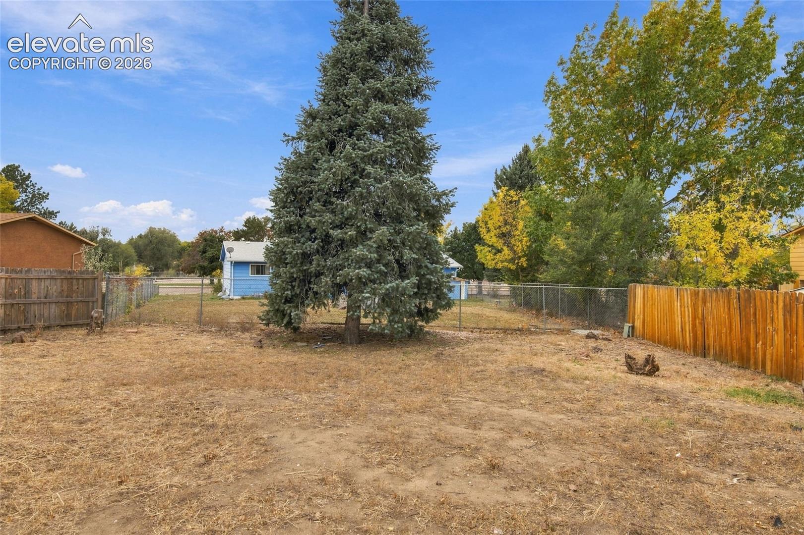 Expansive backyard featuring mature evergreen and deciduous trees, wood privacy fencing, and metal wire perimeter enclosure