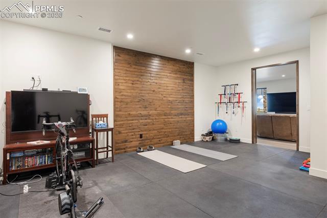 Dedicated home gym with rubber flooring.