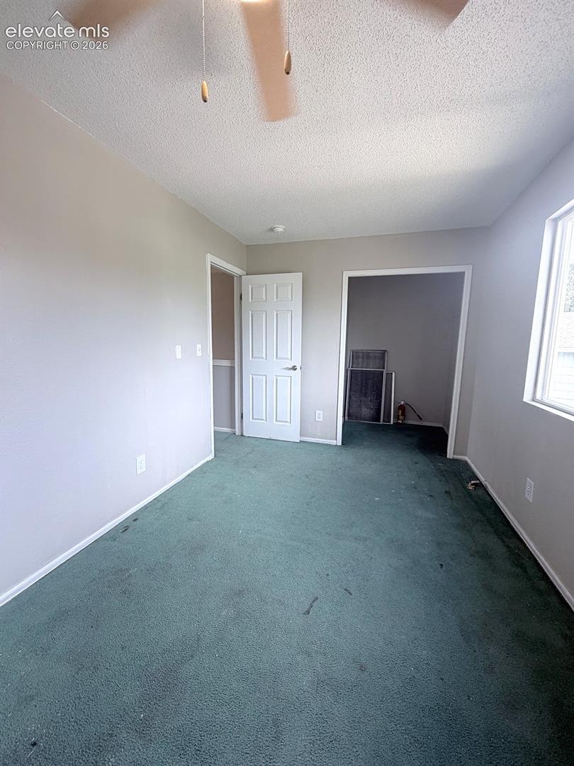 Ceiling fan with integrated lighting, wall-to-wall carpeting, window for natural light, and a paneled interior door
