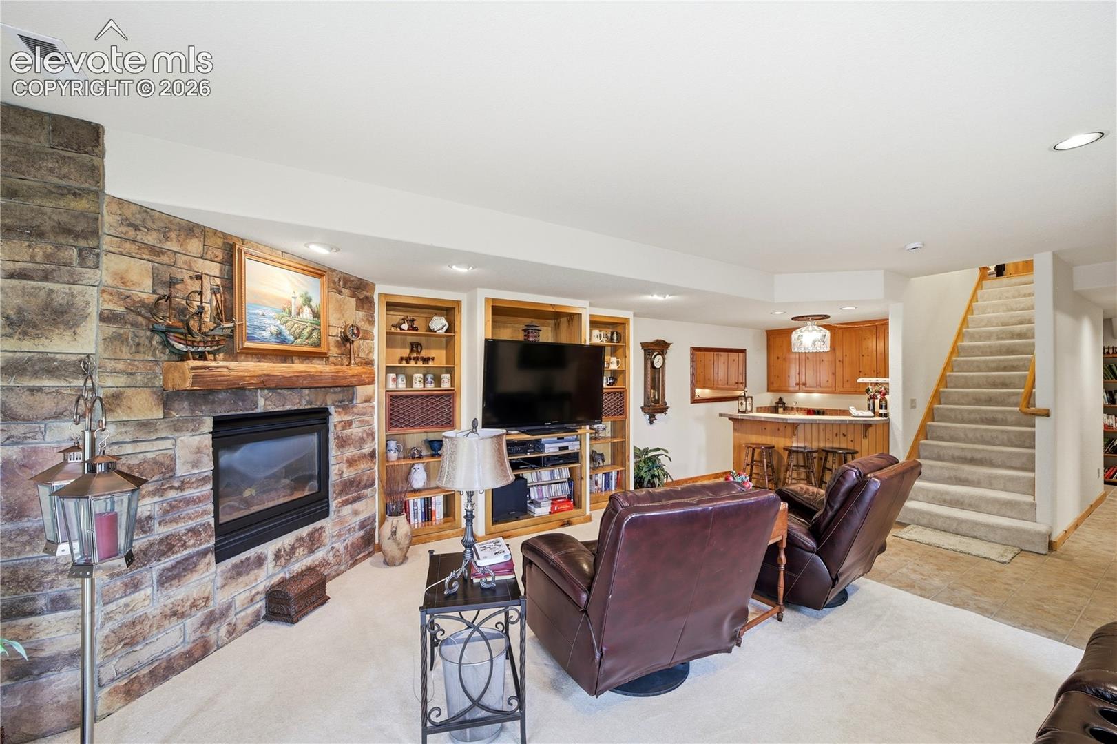 Lower level family room with fireplace