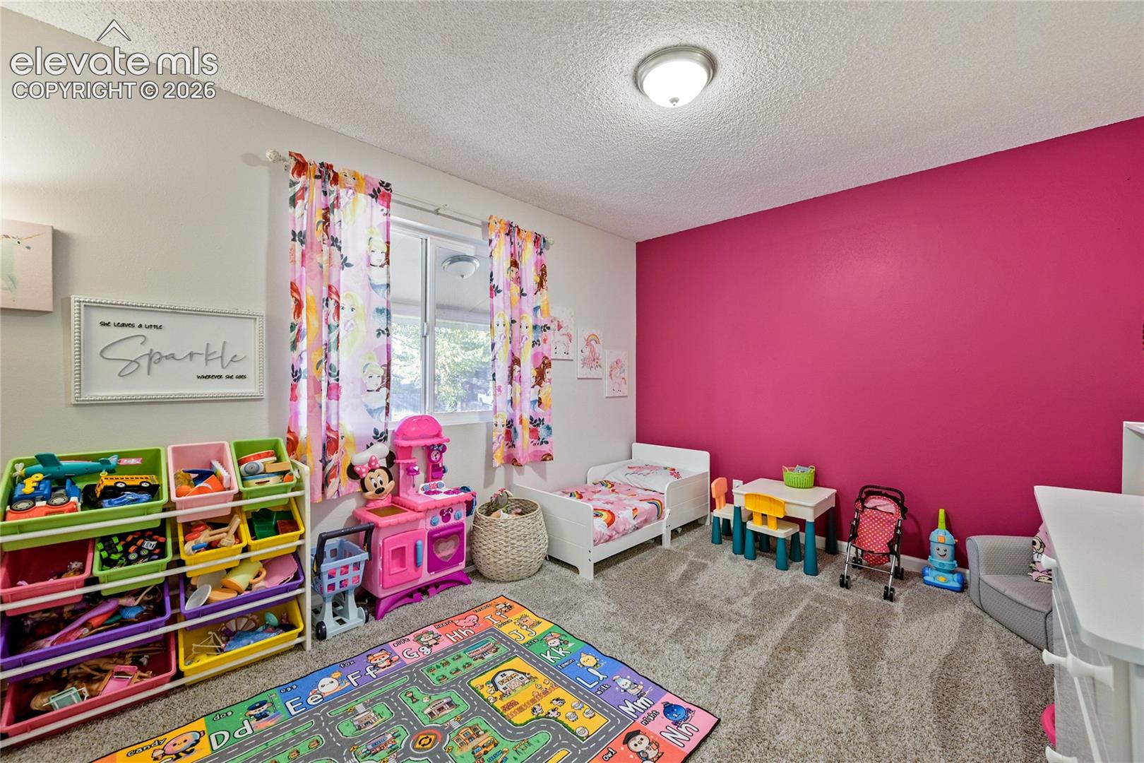 Interior room featuring neutral carpeting, a vibrant accent wall, and a horizontal sliding window
