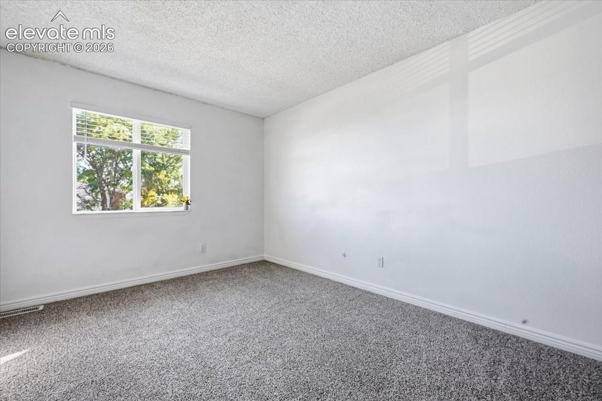 Window with horizontal blinds, textured ceiling, light grey carpet, white walls, and white trim