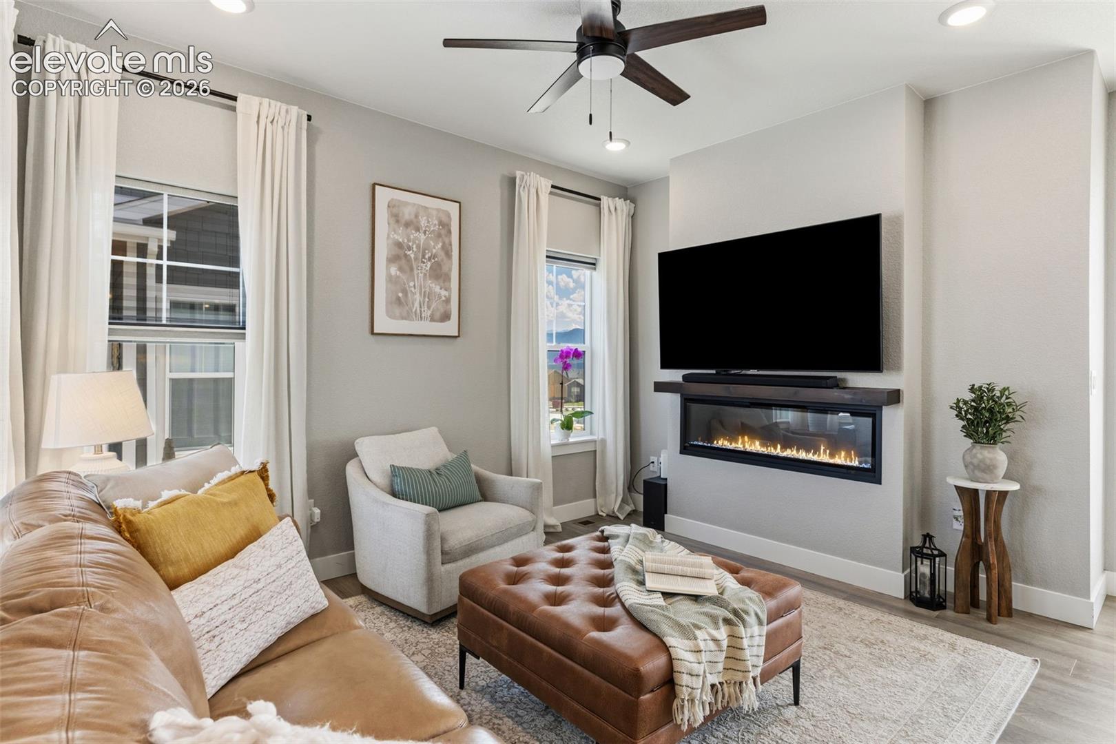 Living Room w/ modern subline fireplace