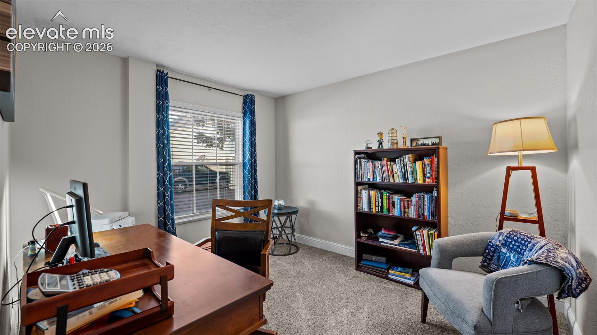 Neutral wall tones, wall-to-wall carpeting, and a single-pane window with a horizontal grid pattern