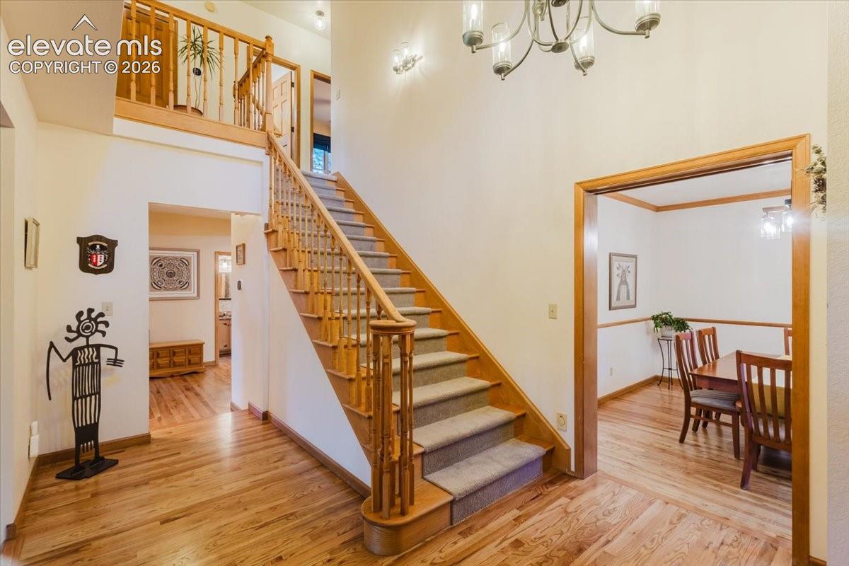 Foyer featuring hard wood flooring, a grand staircase with wood banister and carpeted treads, and a multi-level layout with an upper landing