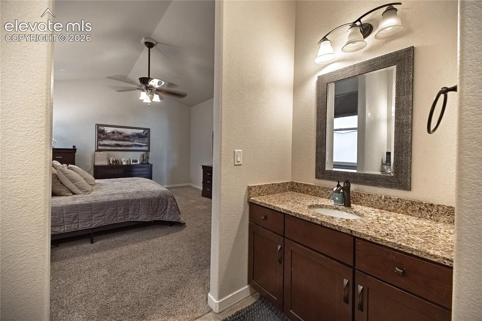 Vanity featuring dark wood-finish cabinetry, a stone-patterned countertop, an integrated oval sink, a wall-mounted tri-light fixture, and a framed mirror