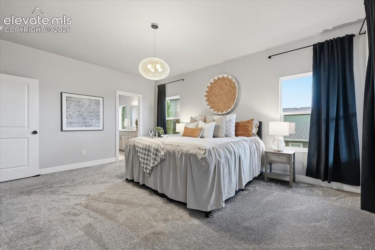 Spacious room featuring plush carpet flooring, a contemporary pendant light fixture, and two panel doors