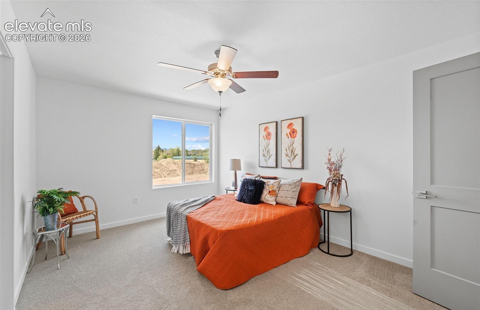Neutral-toned carpeting, single-hung window, ceiling-mounted light fixture with fan, and solid-core interior door
