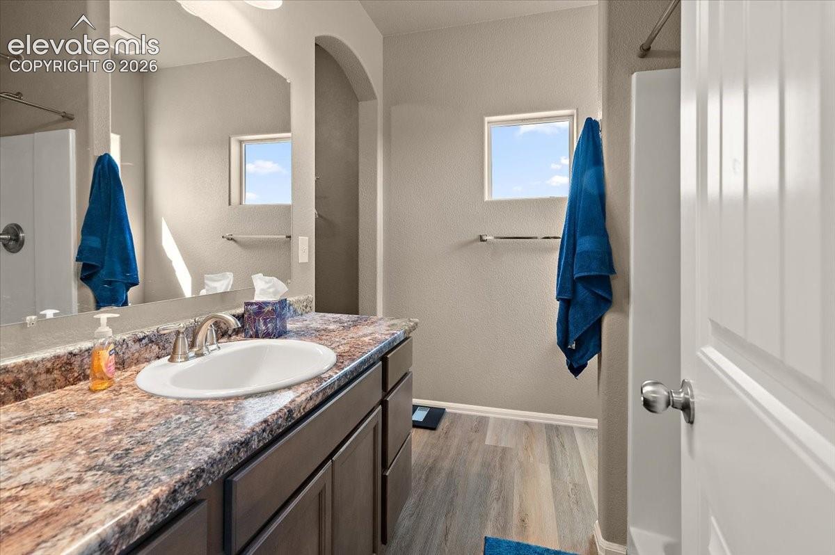 Vanity with integrated sink, wood-finish flooring, built-in cabinetry, and wall-mounted mirror