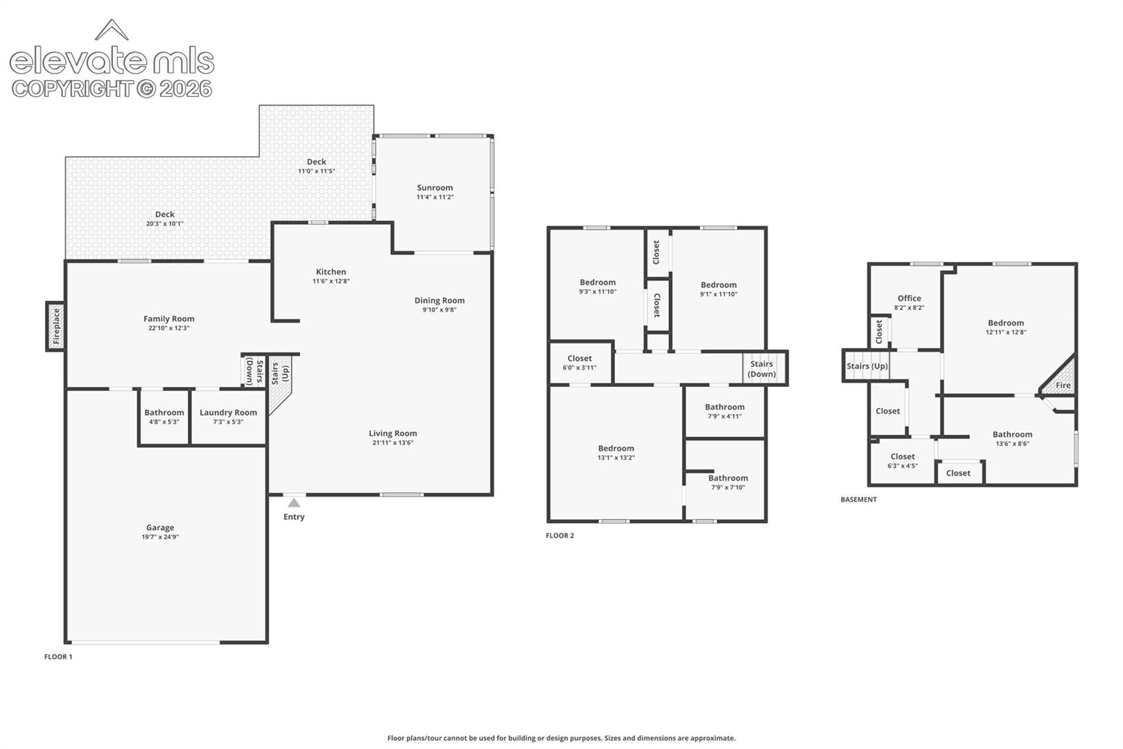 Floor Plan – Floor plan illustrating the home's functional multi-level layout, including living areas, bedrooms, bathrooms, office, sunroom, decks, and attached garage.