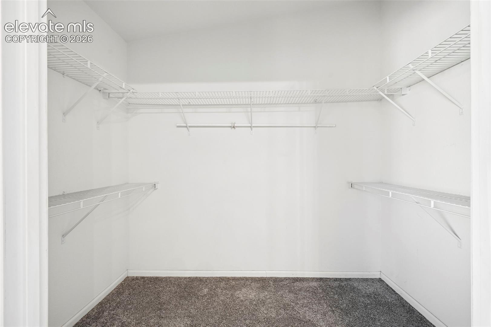 Walk-in closet featuring tiered wire shelving and integrated hanging rods, finished with neutral-toned carpeting