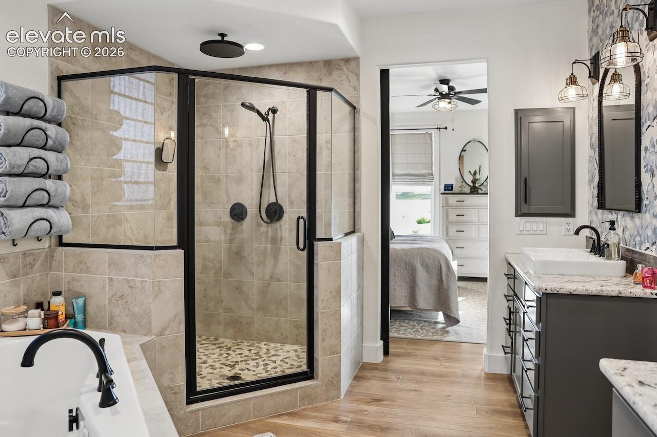 Primary bathroom with tub and standing shower