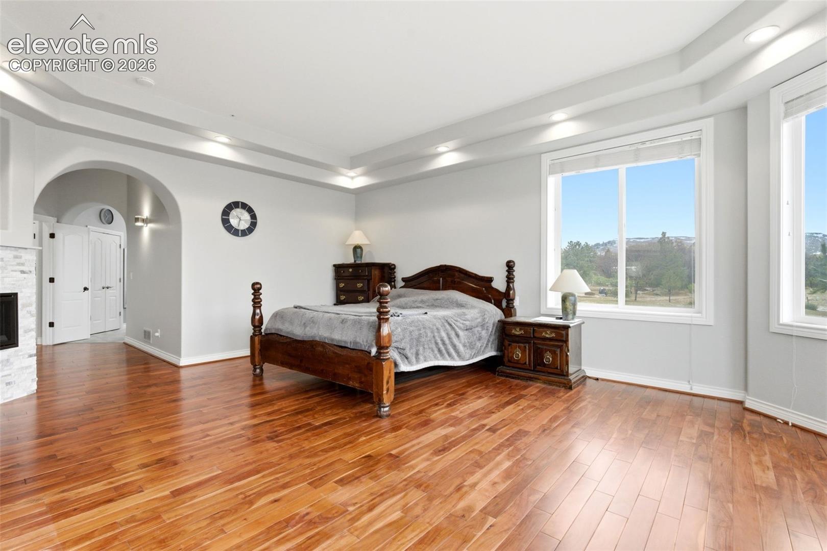 Hardwood flooring, tray ceiling with recessed lighting, stone-clad fireplace, arched doorway, and large windows