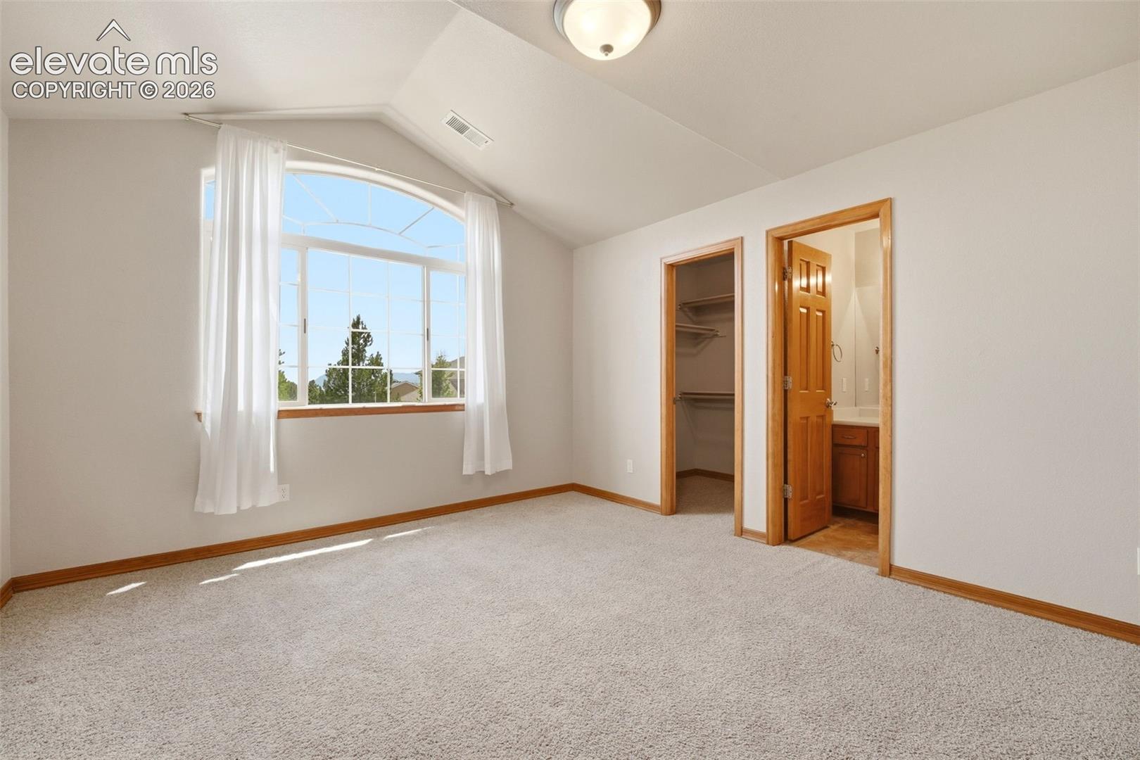 Vaulted ceilings with an arched window, carpeted flooring, and a walk-in closet with built-in shelving