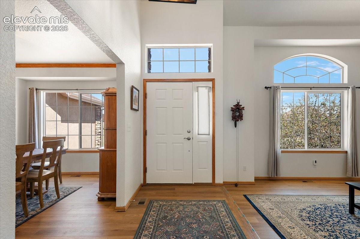 Grand entryway featuring a white paneled door with a sidelight, transom window, and wood-finish flooring. Open plan with entrance to dining & flex place to living & kitchen.