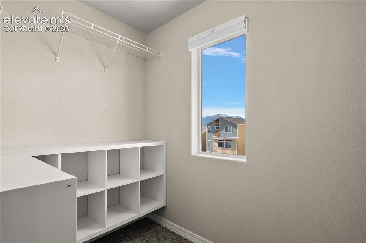 Built-in shelving unit, wire shelving, and a window with a mountain backdrop