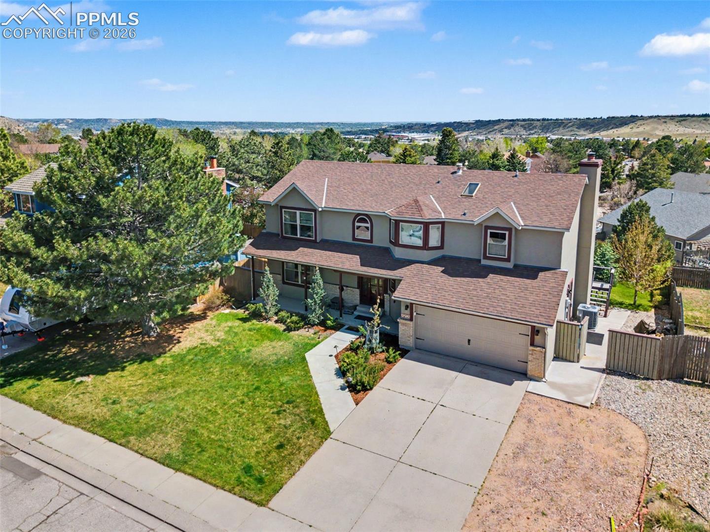 Aerial view of the front of the home.
