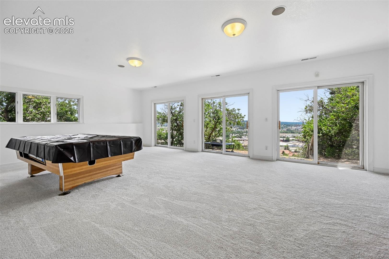 Spacious recreation room featuring light gray carpet flooring and white walls