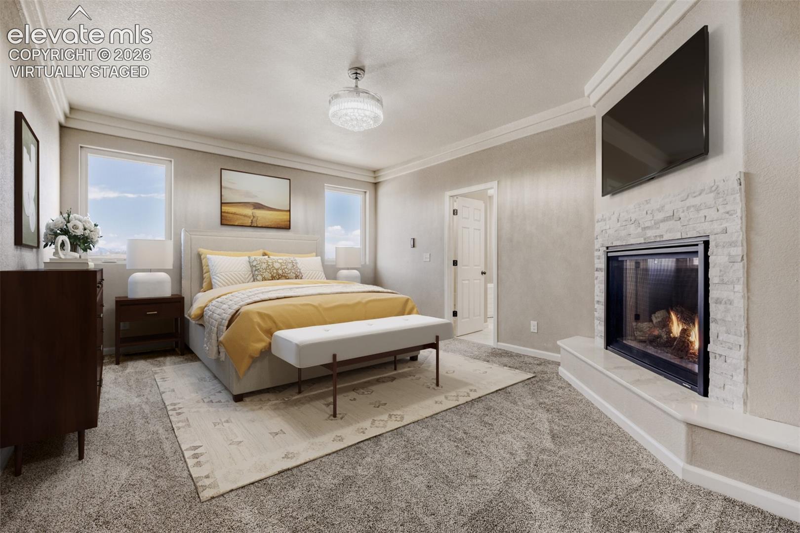 Virtually staged primary Bedroom with fireplace, massive closet, lux 5-piece bath