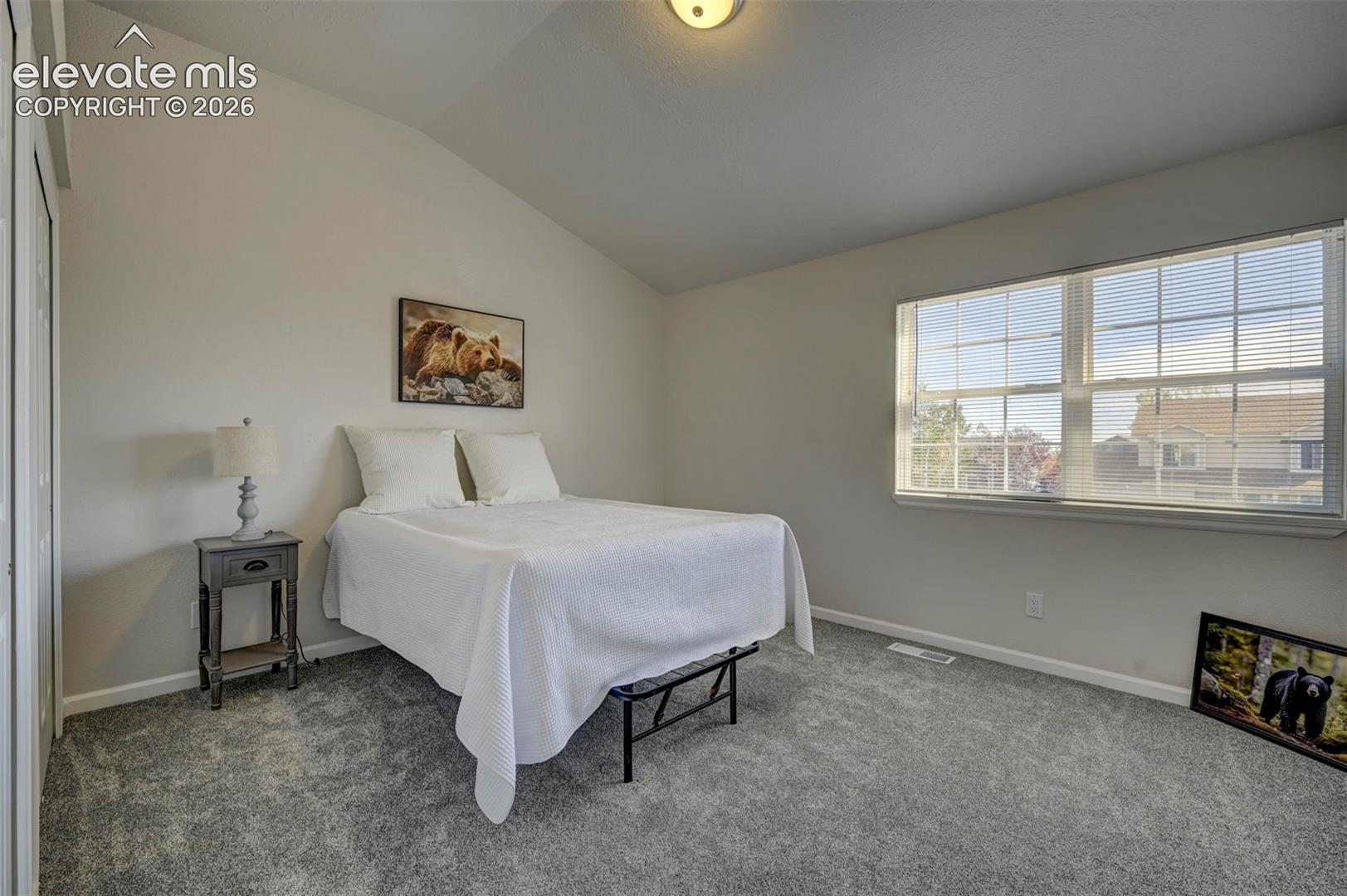 Vaulted ceilings, neutral wall tones, wall-to-wall carpeting, and large multi-pane windows