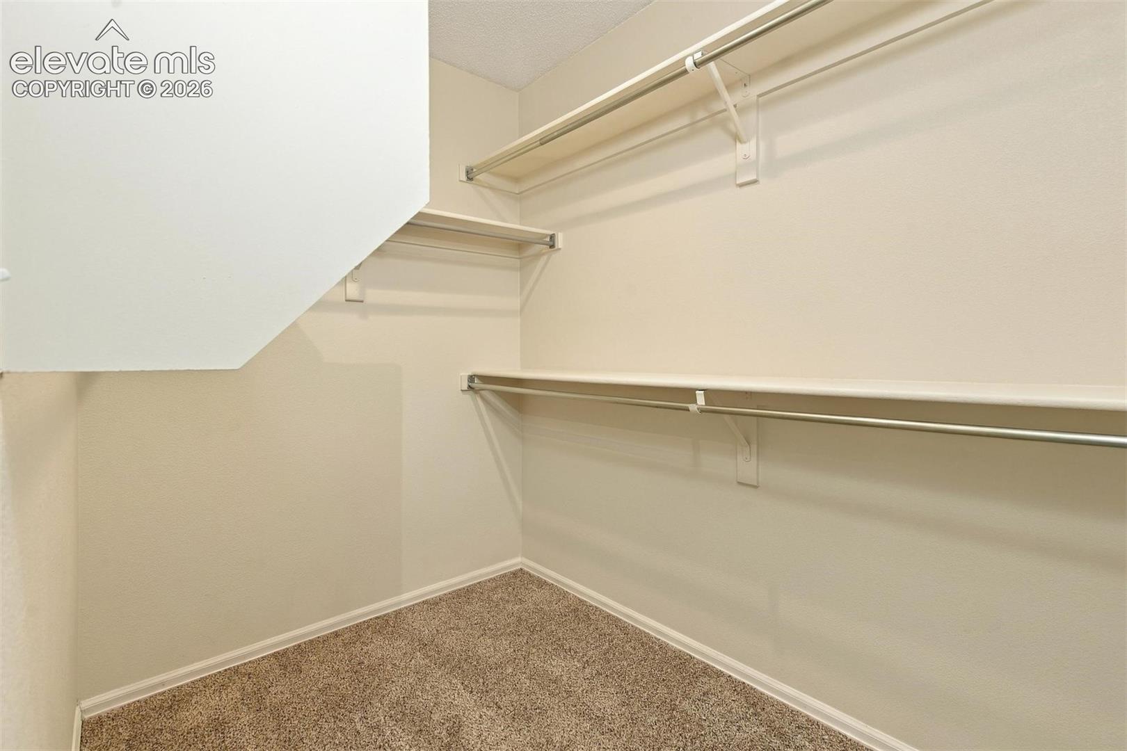 Storage area featuring neutral-toned carpeting, white walls, tiered shelving, and metal hanging rods