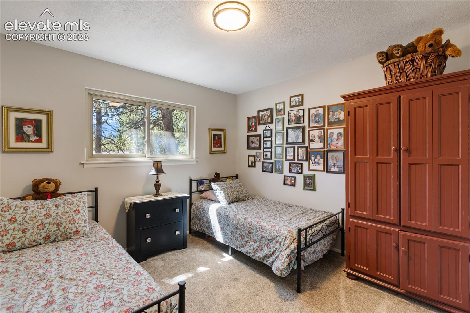 Neutral-toned walls complement the carpeted flooring