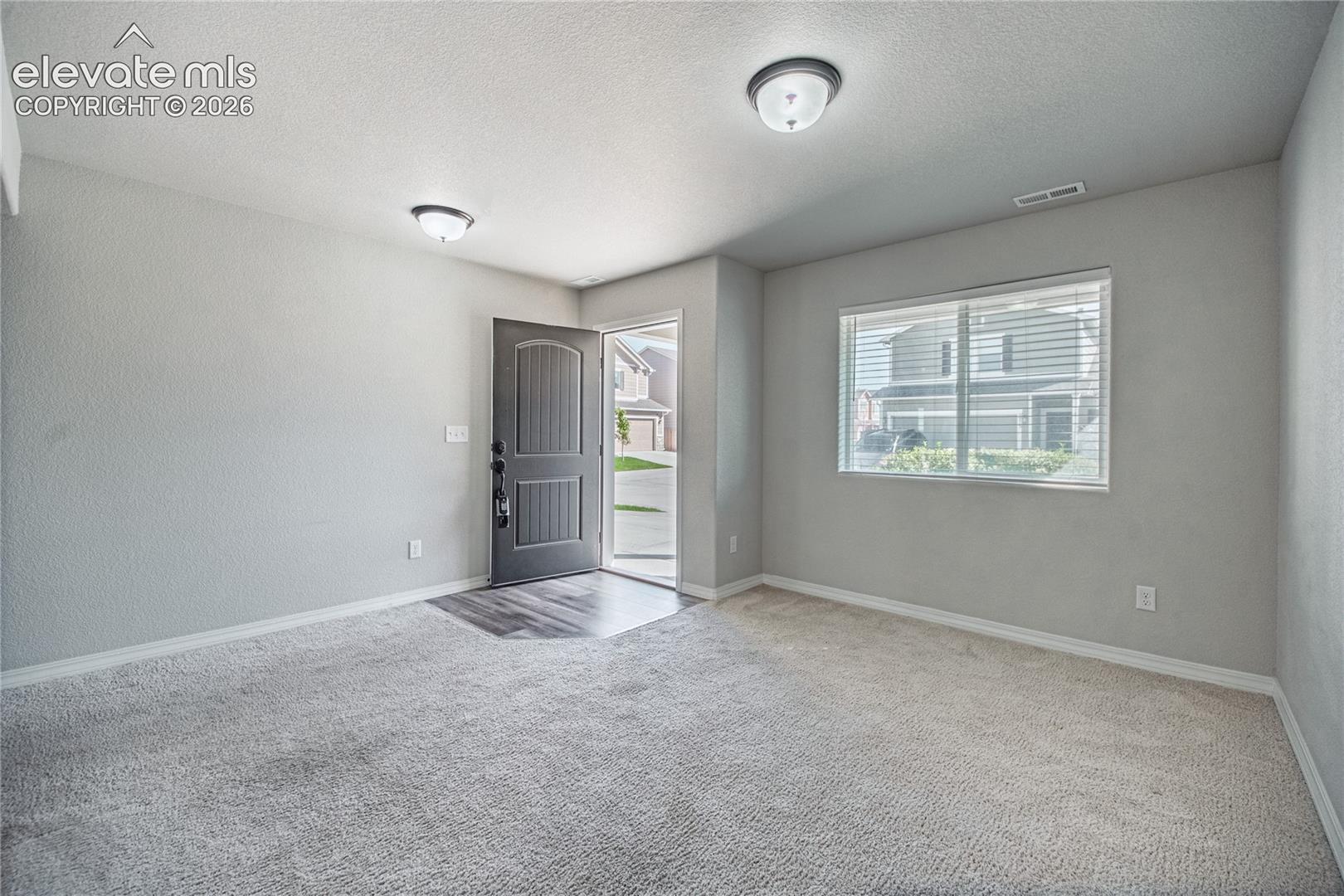 Entryway featuring a dark paneled door, wood-finish flooring, light gray carpeting, and a window with blinds